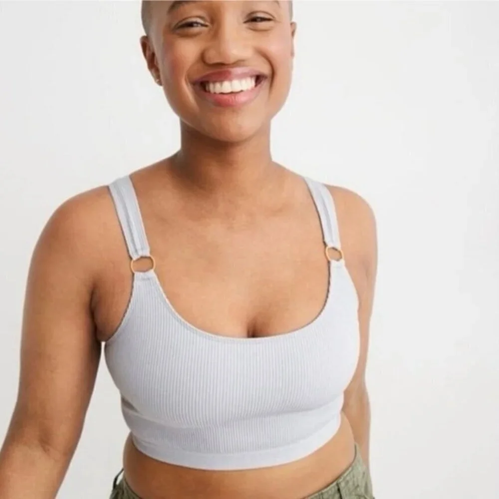 Aerie Ring Double Strap Seamless Ribbed Longline Bralette Blue Gray Small